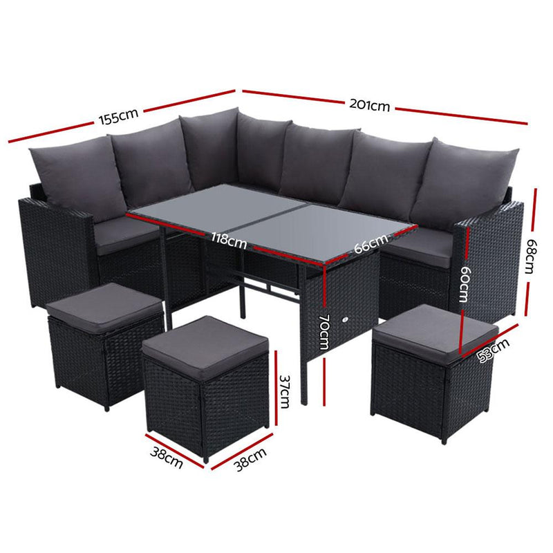 Bostin Life Outdoor Furniture Dining Setting Sofa Set Lounge Wicker 9 Seater Black Dropshipzone