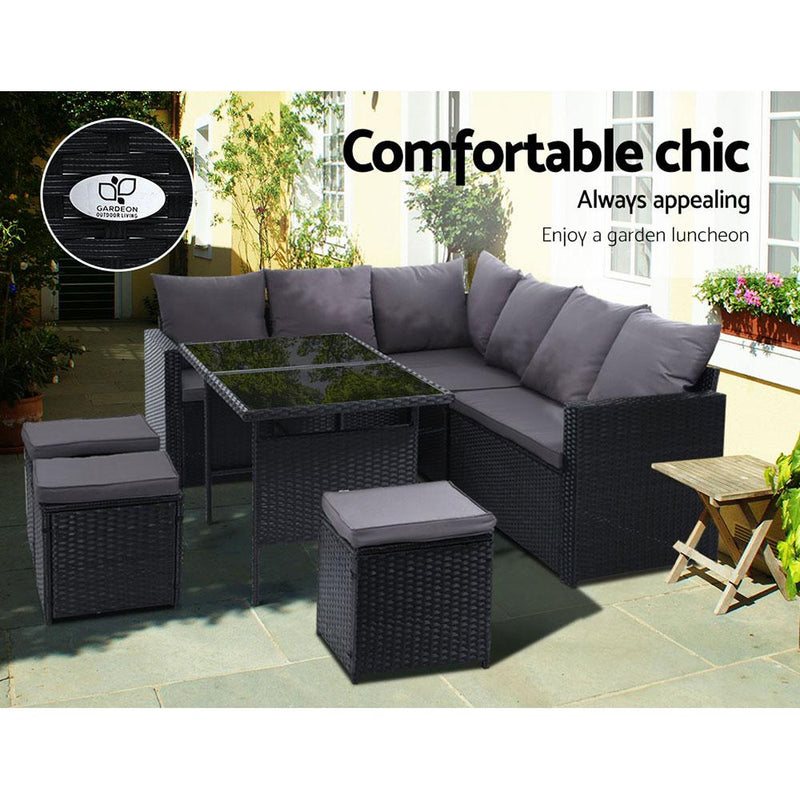 Bostin Life Outdoor Furniture Dining Setting Sofa Set Lounge Wicker 9 Seater Black Dropshipzone
