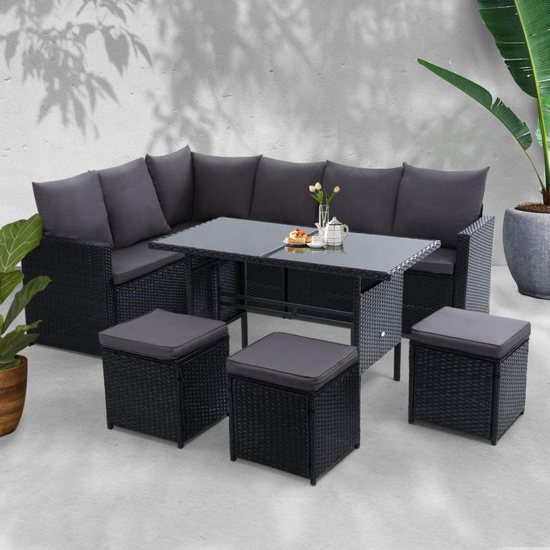 Bostin Life Outdoor Furniture Dining Setting Sofa Set Lounge Wicker 9 Seater Black Dropshipzone