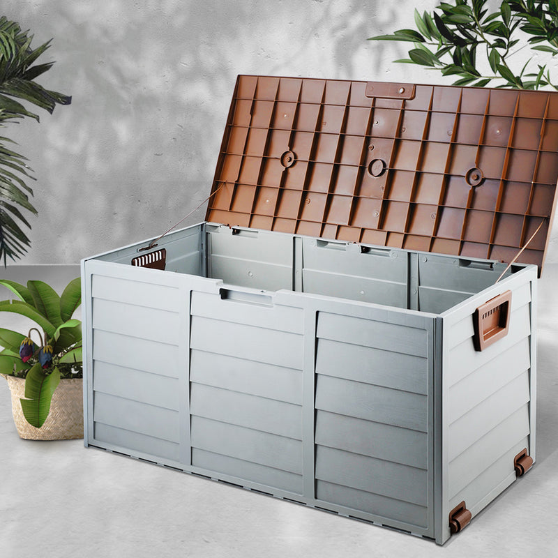 Outdoor 290L Lockable Weatherproof Garden Tools Storage Box Grey and Brown