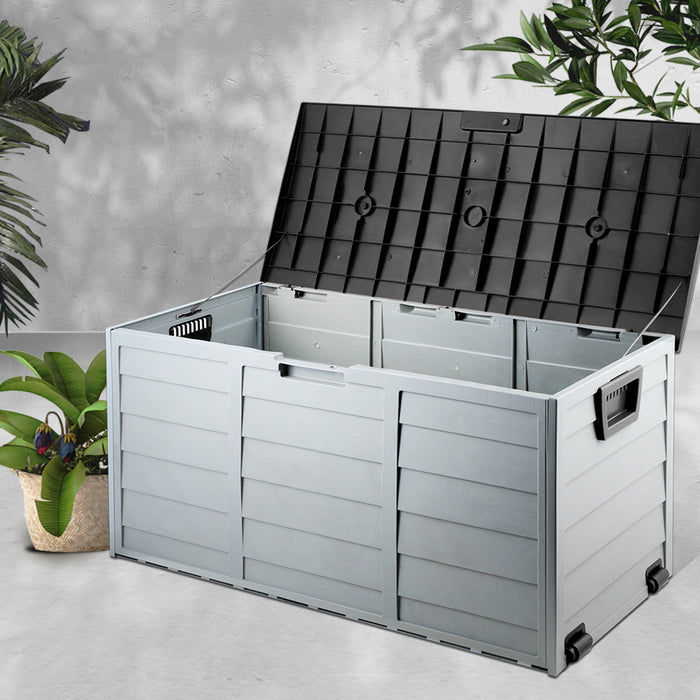 Outdoor 290L Lockable Weatherproof Garden Tools Storage Box Black and Grey