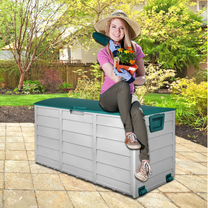Outdoor 290L Lockable Weatherproof Garden Tools Storage Box Grey and Green