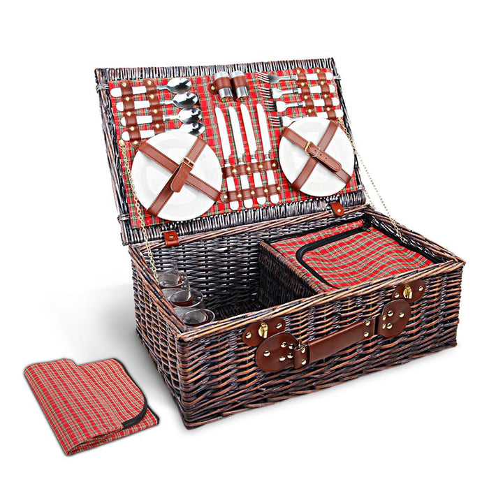 Bostin Life Alfresco 4 Person Picnic Basket Baskets Red Handle Outdoor Corporate Blanket Park