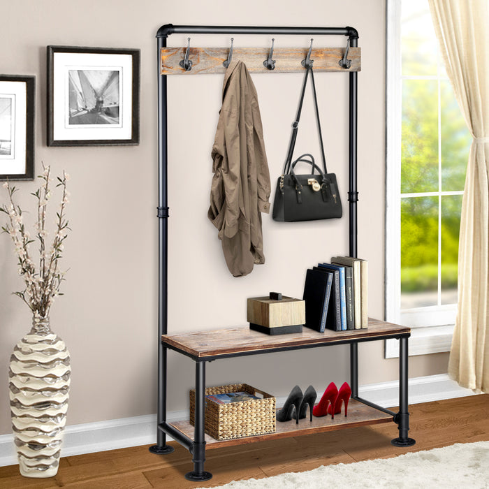 Wood and Metal Pipe Industrial Rustic Style Coat Hanger Shoe Rack Stand