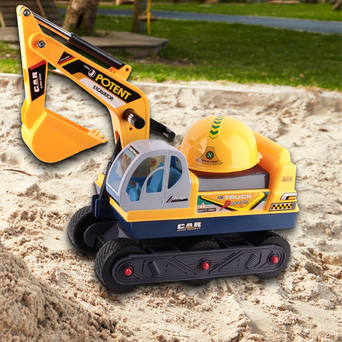 Kids Ride On Car Construction Vehicle Excavator Yellow with Helmet