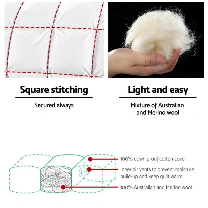 Merino Wool Quilt - Single Size 500GSM White