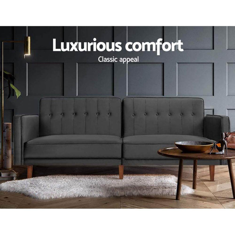 Bostin Life Sofa Bed Lounge 3 Seater Futon Couch Recline Chair Wood Velvet Grey Dropshipzone