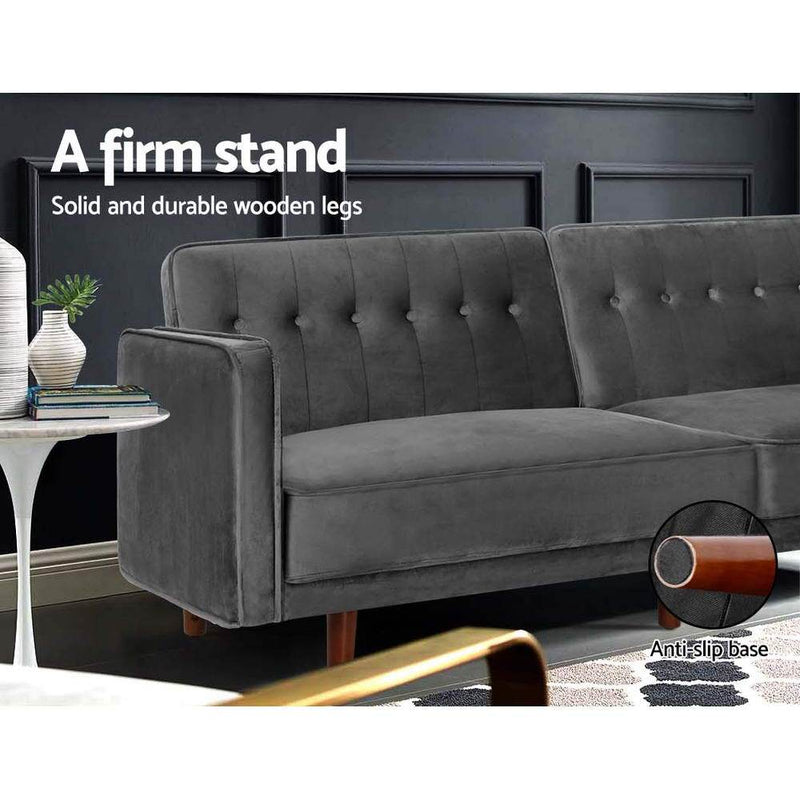 Bostin Life Sofa Bed Lounge 3 Seater Futon Couch Recline Chair Wood Velvet Grey Dropshipzone
