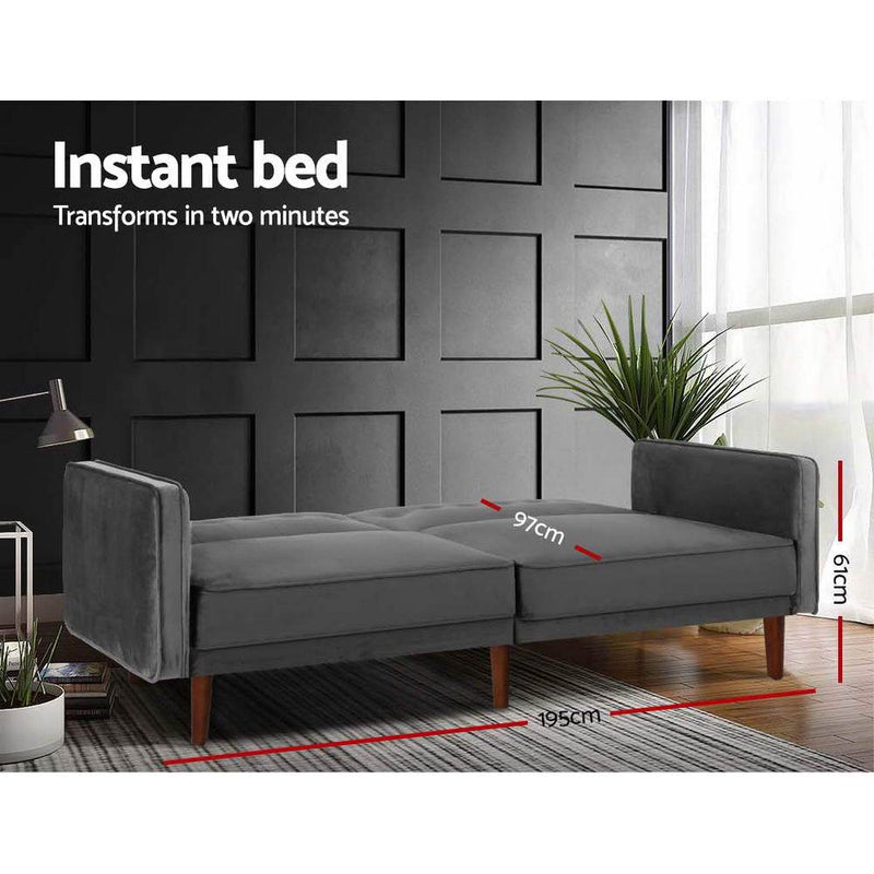 Bostin Life Sofa Bed Lounge 3 Seater Futon Couch Recline Chair Wood Velvet Grey Dropshipzone