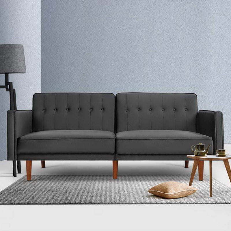 Bostin Life Sofa Bed Lounge 3 Seater Futon Couch Recline Chair Wood Velvet Grey Dropshipzone