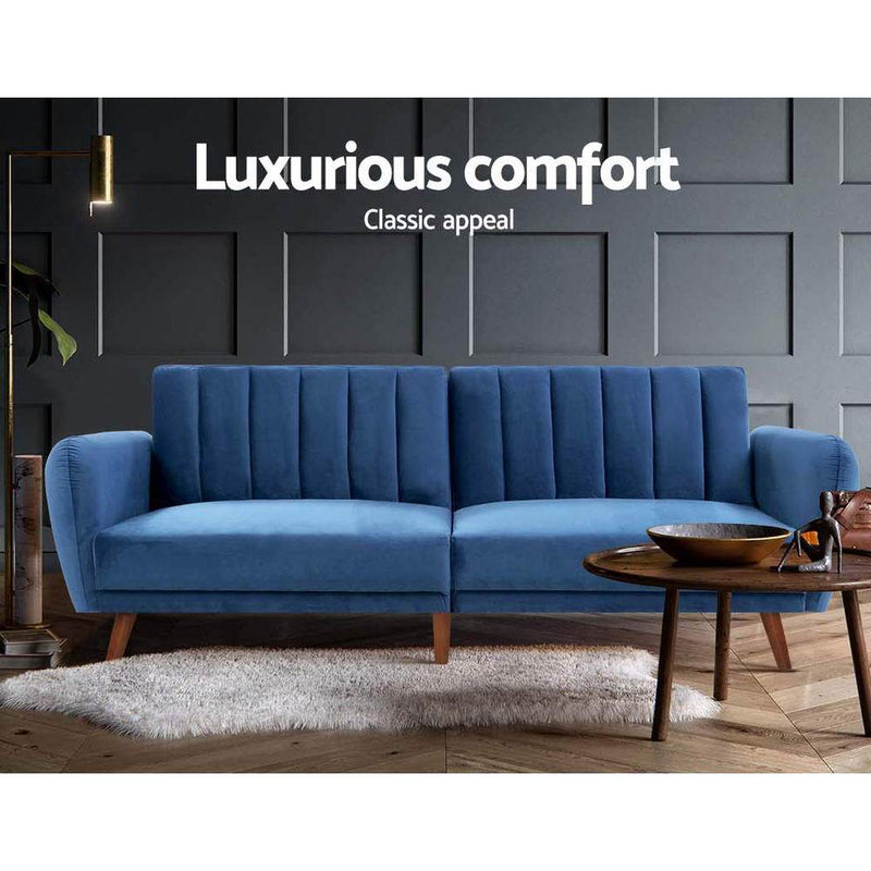 Bostin Life Sofa Bed Lounge 3 Seater Futon Couch Recline Chair Wooden Velvet Blue Dropshipzone