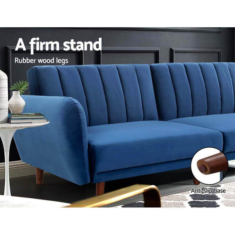 Bostin Life Sofa Bed Lounge 3 Seater Futon Couch Recline Chair Wooden Velvet Blue Dropshipzone