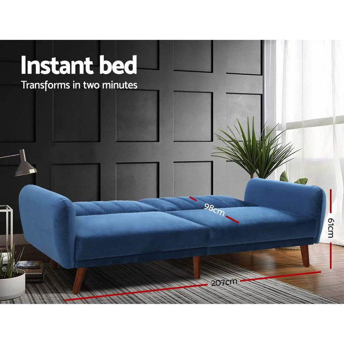 Bostin Life Sofa Bed Lounge 3 Seater Futon Couch Recline Chair Wooden Velvet Blue Dropshipzone