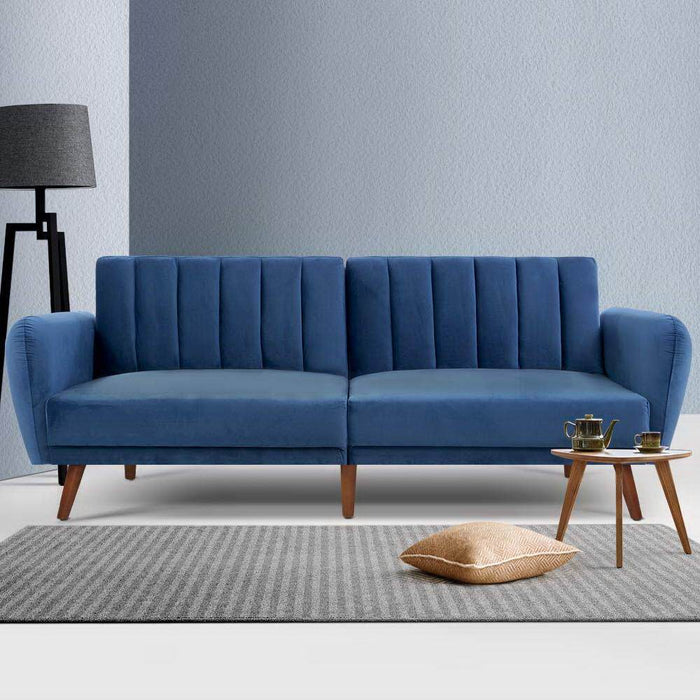 Bostin Life Sofa Bed Lounge 3 Seater Futon Couch Recline Chair Wooden Velvet Blue Dropshipzone