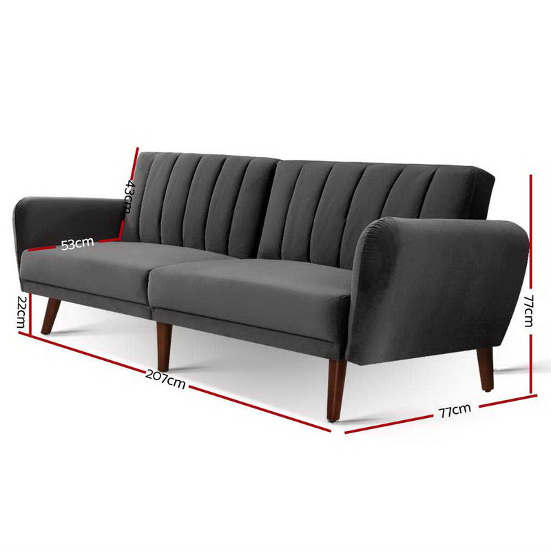Bostin Life Sofa Bed Lounge 3 Seater Futon Couch Recline Chair Wooden Velvet Grey Dropshipzone