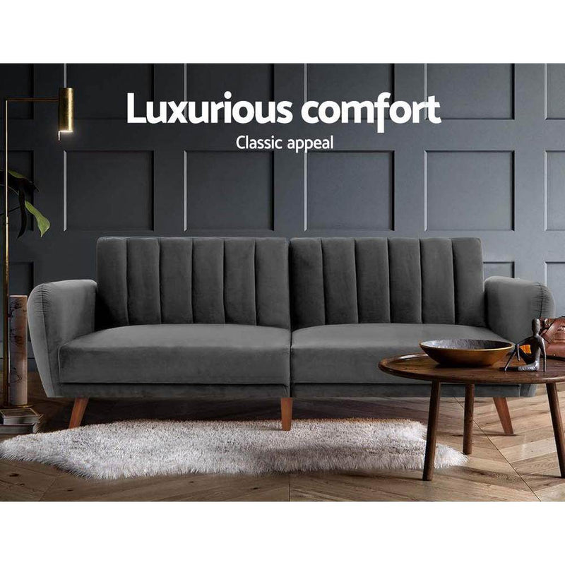 Bostin Life Sofa Bed Lounge 3 Seater Futon Couch Recline Chair Wooden Velvet Grey Dropshipzone