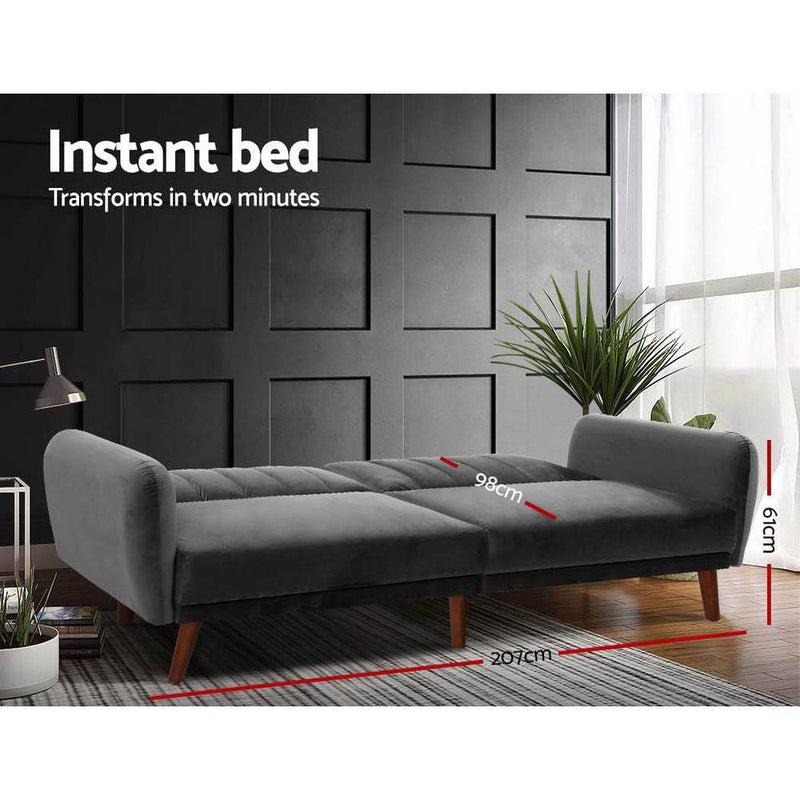 Bostin Life Sofa Bed Lounge 3 Seater Futon Couch Recline Chair Wooden Velvet Grey Dropshipzone