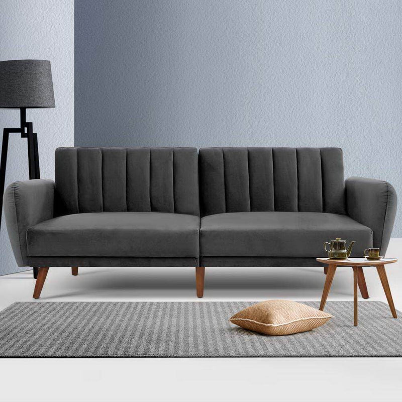 Bostin Life Sofa Bed Lounge 3 Seater Futon Couch Recline Chair Wooden Velvet Grey Dropshipzone