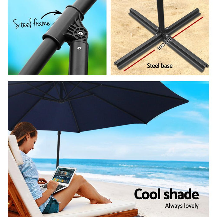 Instahut 3M Umbrella With 48X48Cm Base Outdoor Umbrellas Cantilever Sun Beach Garden Patio Navy Home