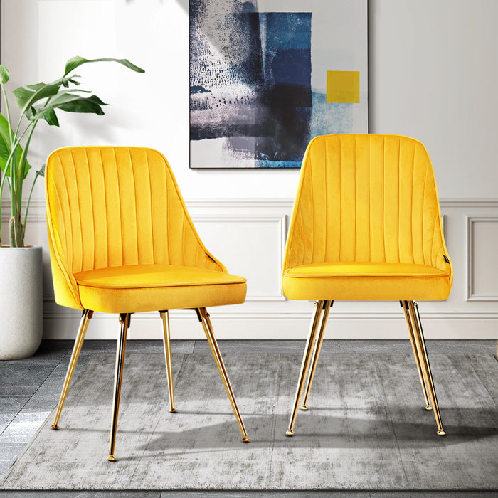 Set of 2 Vintage Style Velvet Metal Legs Dining Chairs - Yellow