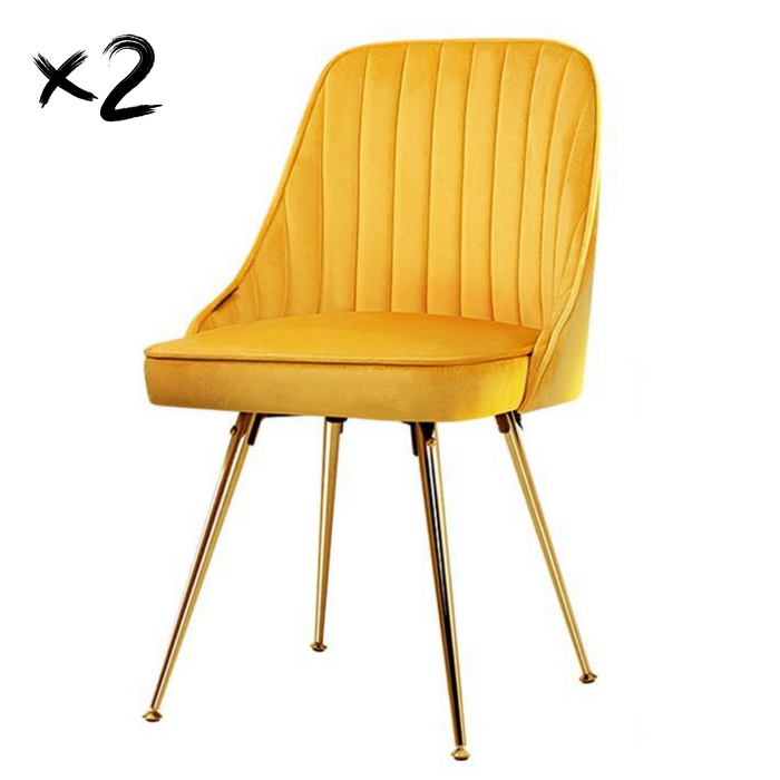 Set of 2 Vintage Style Velvet Metal Legs Dining Chairs - Yellow