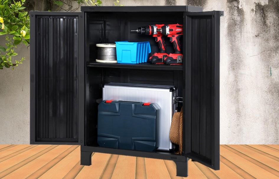 Bostin Life Outdoor Storage Cabinet Cupboard Lockable Garden Sheds Adjustable Black Furniture >