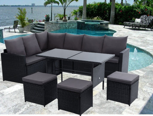 Bostin Life Outdoor Furniture Dining Setting Sofa Set Lounge Wicker 9 Seater Black Dropshipzone